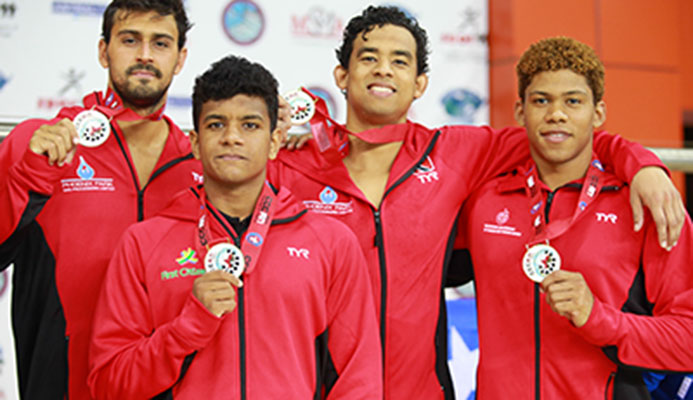 Members of T&T's Gold medal winningBoys 18+ 400m Freestyle Relay team, Dylan Carter, Tariq Lashley, Joshua Romany and Jabari Baptiste, during day 3 of the XXX CCCAN Swimming Championships 2017, at the National Aquatic Centre, Couva.