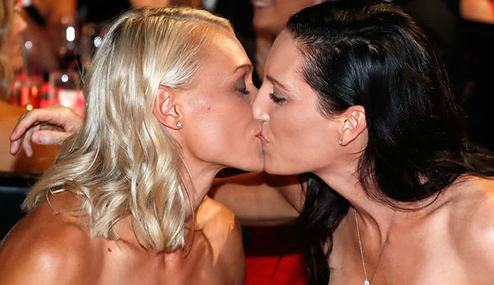  AFLW – and Erin Phillips’ kiss of partner Tracy Gahan – has gone a long way to normalising same-sex relationships. Photograph: Michael Willson/AFL Media/Getty Images