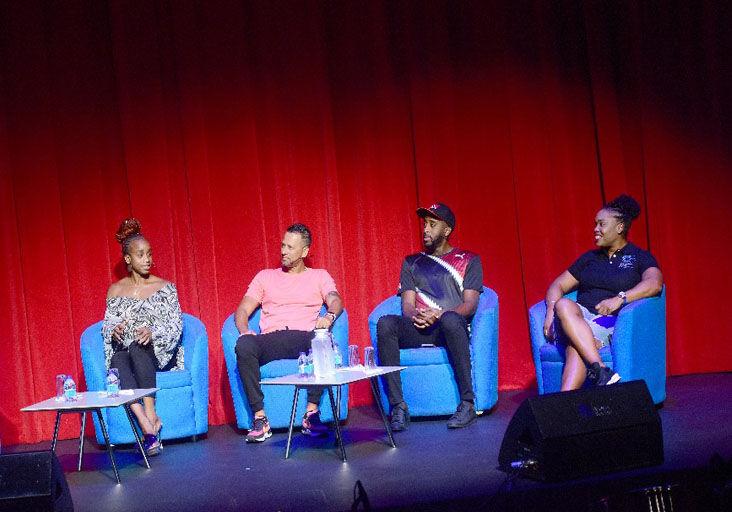 SHARING EXPERIENCES: From left, former gymnast Thema Williams, former T&T and West Indies cricketer Rayad Emrit and Olympians Jehue Gordon and Cleopatra Borel, chat during the “Conversations on Sports and Mental Health” event at Queen’s Hall, St Ann’s, yesterday. —Photo: JERMAINE CRUICKSHANK (Image obtained at trinidadexpress.com)