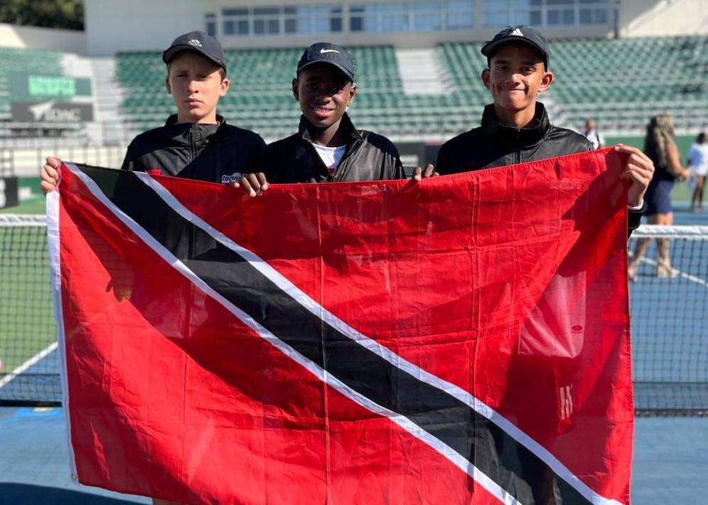 Oliver Harragan, from left, Josiah Hills and Chris Khan are flying the TT flag in the boys division at the ITF World Junior Tennis tournament. - (Image obtained at newsday.co.tt)